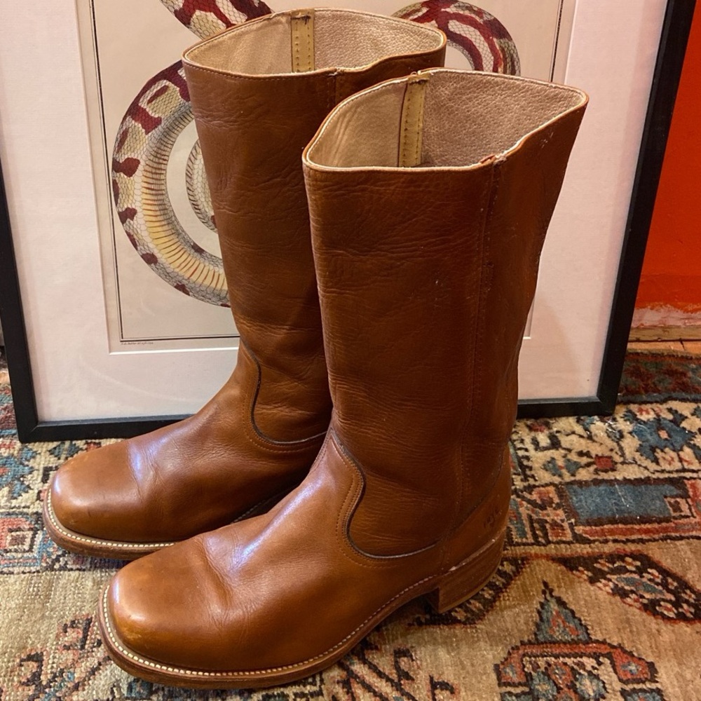 Classic, iconic stack-heel boots vintage Frye Campus stovepipe boots in caramel